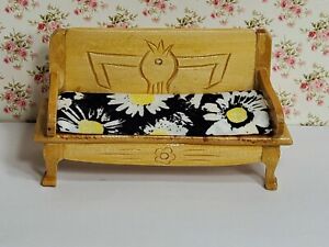 Dollhouse Wooden Bench With Carvings & Sunflower Seat Scale 1:16 3/4 Scale 4"