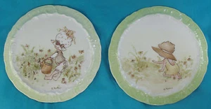 2 antique Porcelain Plaques, girl in garden handpainted folk art plates C Forbus - Picture 1 of 5