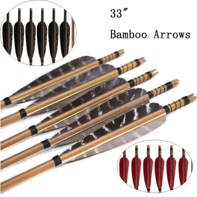 6x Traditional 33inch Bamboo Arrows 5" Turkey Feather Longbow Hunting Target - Image 1 of 4
