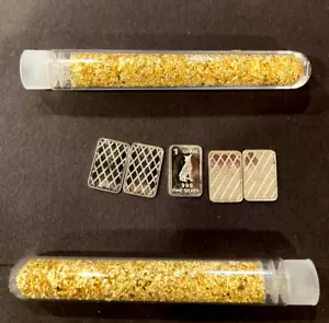 (10x) PURE .999 Silver Bars Bullion 2-Certified Gold BARS & 4 Vials Gold flakes - Picture 1 of 4