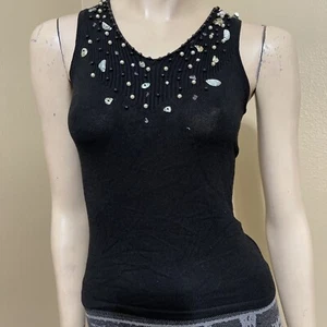 Women’s Black Rayon Casual Stretch Slim Knitted Beaded Shells Size M Blouse Top - Picture 1 of 12