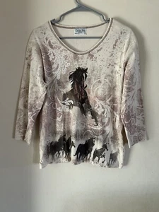 Cactus Bay Western Horse Style Top Large Embellished Rhinestones Cotton Tan - Picture 1 of 3