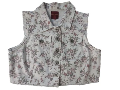 Jeans Highway Vintage Años 90 Blanco Denim con Flores Rosas Chaleco Abotonado S-M Foto 1 de 4