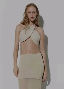 ZARA Linen Blend Criss Cross Front Halter Wrap Tie Bow Crop Top Ecru - Size M - Picture 1 of 6