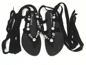JEFFREY CAMPBELL Sandals Strappy Black Flats Silver Rings Lace Up US 7.5 /38.5 - Picture 1 of 6