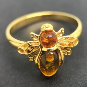 amber bee ring gold on solid Sterling Silver Baltic cognac amber. New. - Picture 1 of 11