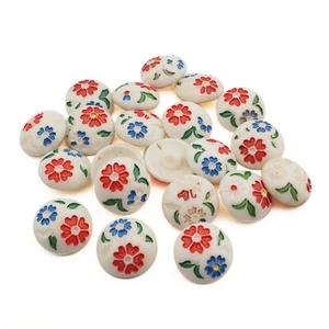 Lot 21 Vintage Czech floral uranium glass buttons 18mm hand painted - Picture 1 of 2
