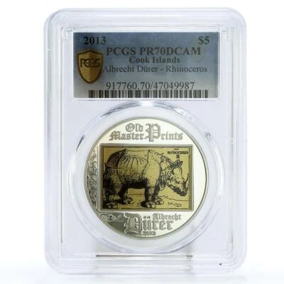 Cook Islands 5 dollars Albrecht Durer Rhinoceros Art PR70 PCGS silver coin 2013 - Image 1 of 2
