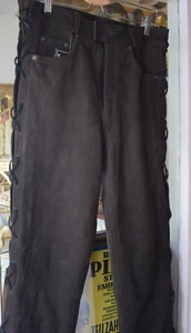 Nubuck Leather Trousers Motorcycle Biker Brown Size 32 Lace Up Orig. Running Bear NEW! - Picture 1 of 4
