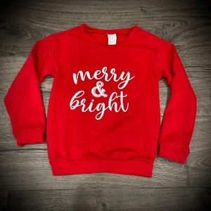 Girl 5-6yrs MERRY & BRIGHT CHRISTMAS SWEATSHIRT red white crewneck crew Size 130 - Picture 1 of 2