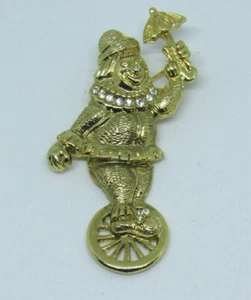 CLOWN ARTICOLATO VINTAGE ANNI 60 70 SU MONOCICLO SPILLA DORATA CRISTALLI ALTEZZA 2 1/4" - Foto 1 di 12