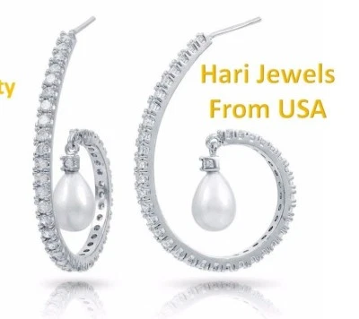 Pearl Hoop Earrings solid 14k white gold over cz USA - Image 1 of 4