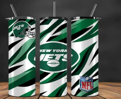 20 oz New York Jets Stainless Steel Tumbler & Metal Straw Logo on Zebra Print - Image 1 of 3