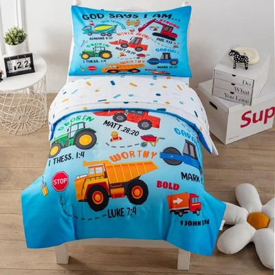 Juego de cama de 4 piezas para niños pequeños, construcción de automóviles edredón de cama para niños pequeños... Foto 1 de 4