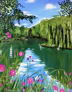 Nature Lake Trees Acrylic painting-flower Landscape Realism Original Art Signed - Picture 1 of 3