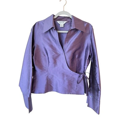 Camisa Allison Taylor manga larga 100 % seda cuello envolvente púrpura para mujer talla 14 Foto 1 de 4