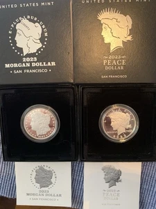 2023-S Morgan & Peace Proof Silver Dollars w/ OGP Box & COA - Picture 1 of 3
