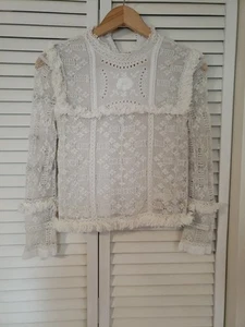 LoveShackFancy Beline Ivory Lace Inset Cotton Long Sleeve Blouse XS - Picture 1 of 6