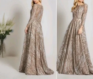 Mac Duggal Bateau Sequin Long Sleeve A-Line Gown Mocha Sz 4 Dress 79261 NWT $798 - Picture 1 of 22