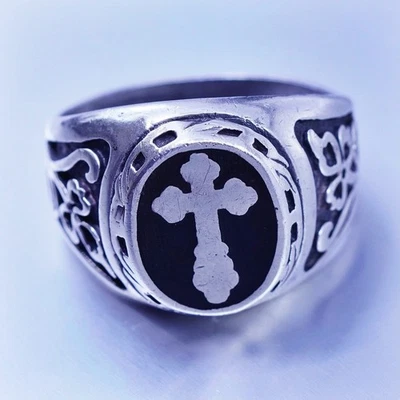 Talla 12, anillo vintage de plata de ley 925, banda cruzada esmalte negro Foto 1 de 4