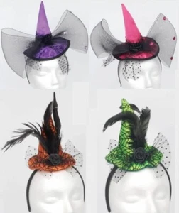 NUEVO Sombrero de Bruja Diadema Disfraz de Halloween Arcos Rosas Plumas Telarañas - Imagen 1 de 5