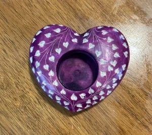 4" Pink Heart Shaped Floral Hand Carved Etched Natural Stone Tealight Holder - Picture 1 of 7