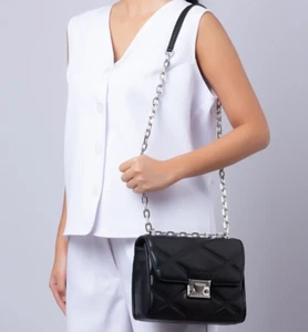 MICHAEL KORS SERENA MD FLAP CONVERTIBLE SHOULDER-CROSSBODY BLACK SILVER - Picture 1 of 5