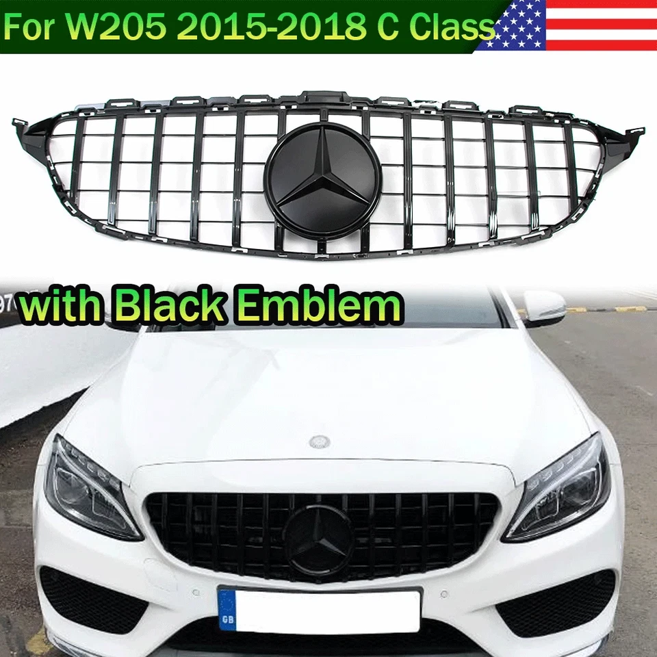 Black Front Grille Grill For Mercedes Benz W205 C300 C250 C300 2015-2017 2018 - Изображение 1 из 4