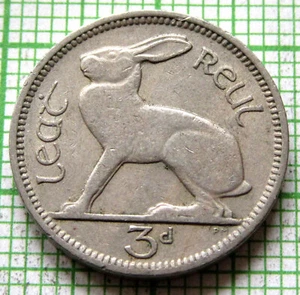 IRELAND 1949 3 PINGIN PENCE THREEPENCE, HARE & Gaelic Harp km# 12a - Picture 1 of 6