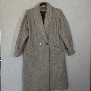 VTG 90s Black & White Herringbone Long Coat Shawl Collar Womens L Noble Fashions - Picture 1 of 8