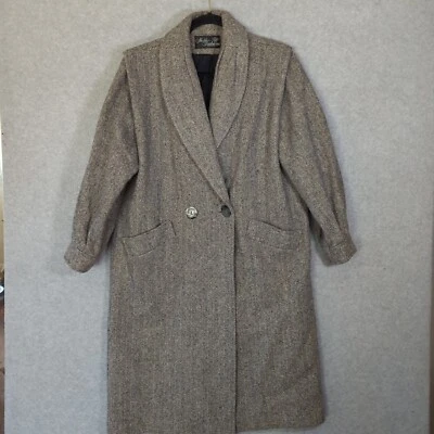 VTG 90s Black & White Herringbone Long Coat Shawl Collar Womens L Noble Fashions - Image 1 of 4