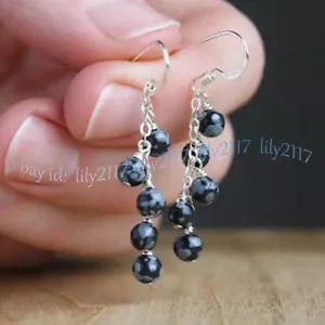 Black Snowflake Obsidian Jasper Gemstone Round Beads Dangle Silver Hook Earrings - Picture 1 of 10