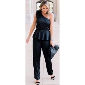 One-Shoulder Silky Stretch Jumpsuit with Peplum Flounce- The Drop, Black XS - Picture 1 of 5