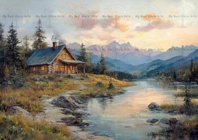 IMPRESSÃO ARTÍSTICA PAISAGEM CABINE MONTANHA, Decoração Rústica para Casa, Casa de Campo Lago Poster - Imagem 1 de 2