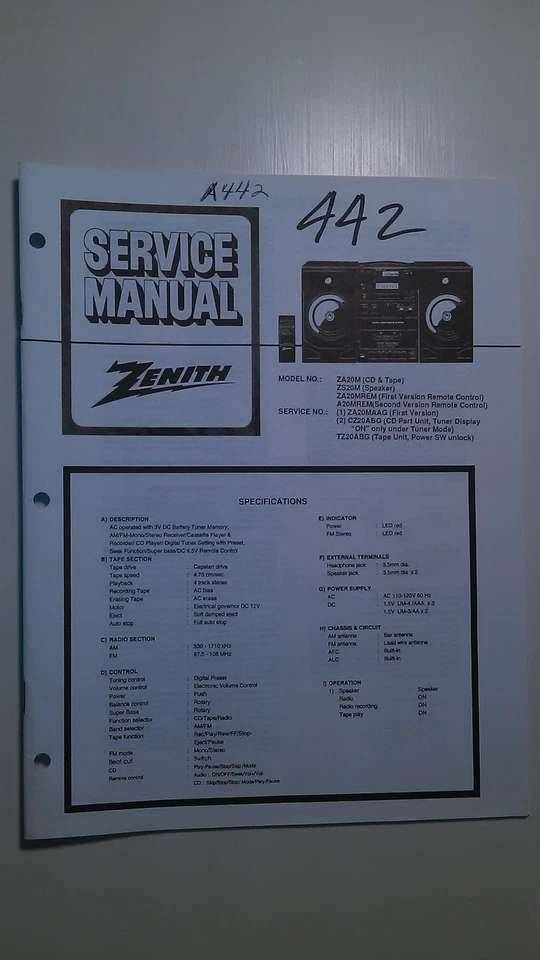 Zenith za20m service manual original repair book tape cd player stereo radio - Image 1 of 1