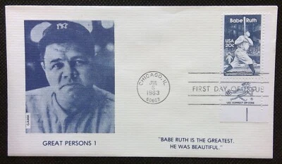 Scott 2046 FDC Babe Ruth George Herman Baseball PANE Edge ZIP CODE GAMM Cachet - Image 1 of 3