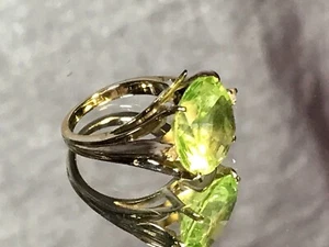 Vintage Large Peridot Ring, 2 Diamonds, Oval Green, 10k White - Picture 1 of 14