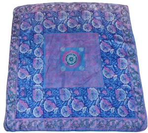 Vintage Indian Silk Scarf - Blue / Pink  Floral Chintz Block Print  - L - Picture 1 of 4