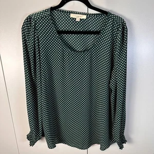 LOFT Womens Large Top Green White Polka Dot Long Sleeve V Neck Blouse - Picture 1 of 6