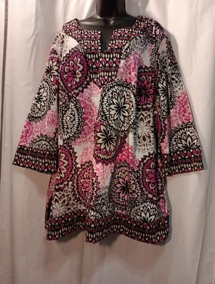 Dana Buchman 90s Style Pink Floral V-Neck Boho Floral 3/4 Sleeves Top Sz 12 - Image 1 of 4