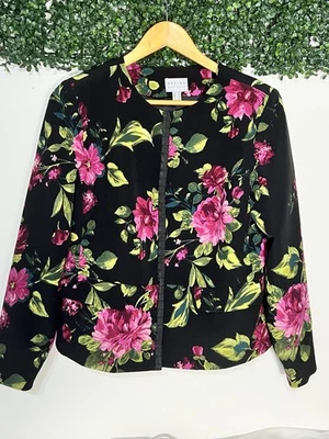 Chaqueta Blazer Susan Graver Talla 6 Negra - Rosa Estampado Floral Tejido Líquido Foto 1 de 4