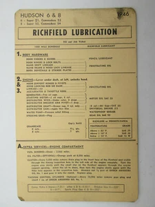 Richfield Lubrication Reference Card for Hudson Super and Commodore 1946 - Picture 1 of 3