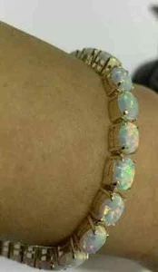10Ct Oval Lab Created Fire Opal 7" inches Tennis Bracelet 14k Yellow Gold Plated - Picture 1 of 5