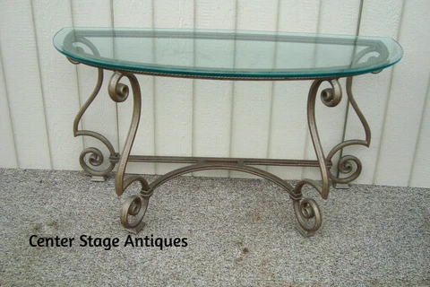 59539  QUALITY Glass Top Console Demilune Table Metal Scrolled Base  60" wide Cover