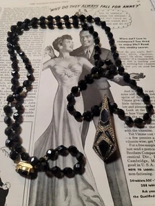 Vtg Faceted Black Glass Mourning Bead 36" Necklace Flapper Victorian Art Deco - Picture 1 of 10