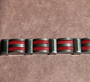 Men’s Stainless Steel Red Rubber And Silver Tone Curved Links Bracelet 7 1/2" - Picture 1 of 10