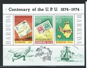 BARBUDA Sc 167-9 a United Postal Union Centenary, By Ships, Stamps, Airplane - Bild 1 von 7