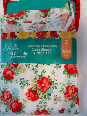 THE PIONEER WOMAN Pioneer Woman V-Neck LS Vintage White-Burgundy red Floral Tee Shirts 2-Pack XXL