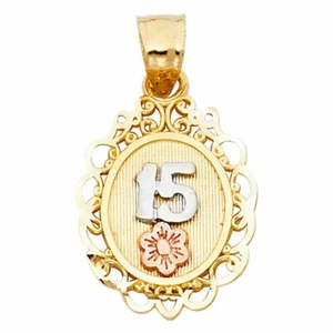 14k Real Solid Tricolor Gold 15 Años Flower Quinceañera Pendant Oro Solido Dije - Picture 1 of 3