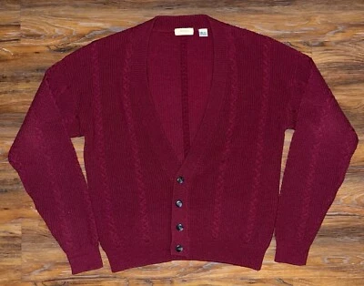 Vintage 100% Wool Cable Knit Cardigan Sweater Mens Large Tall Burgundy Red EUC - Image 1 of 4